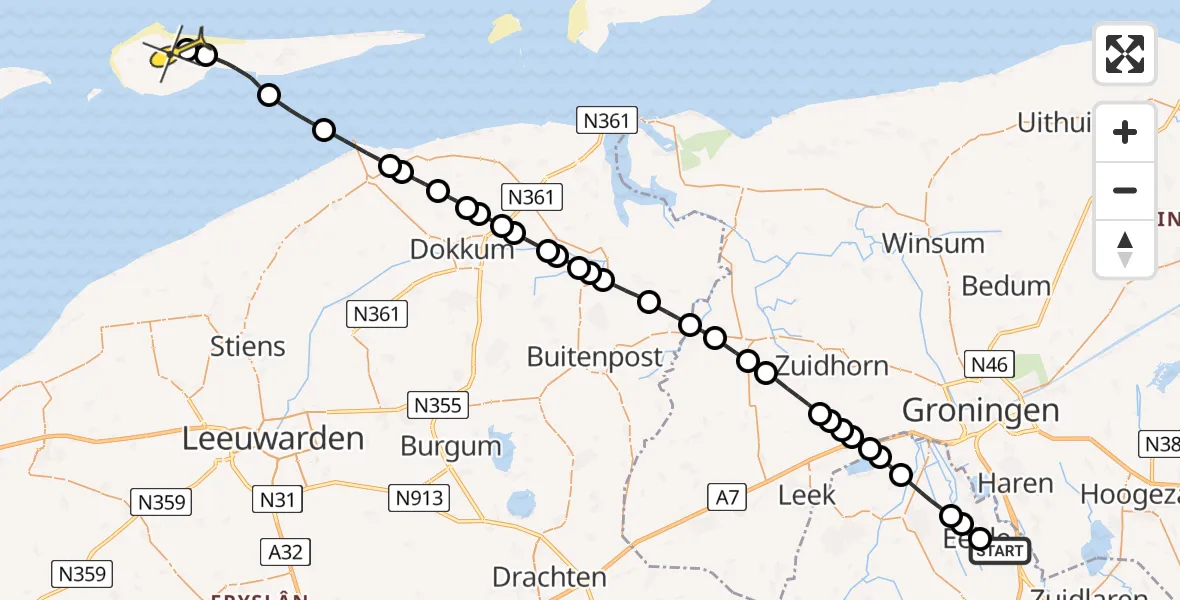 Routekaart van de vlucht: Lifeliner 4 naar Ameland Airport Ballum, Langesteeg