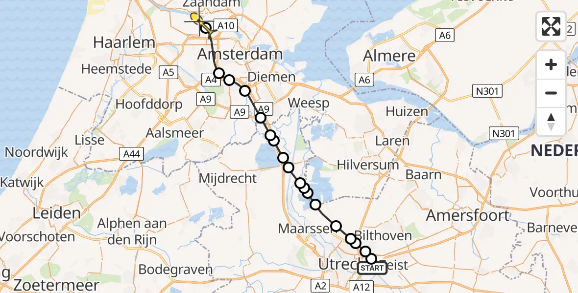 Routekaart van de vlucht: Lifeliner 1 naar Amsterdam Heliport, Bunnikseweg