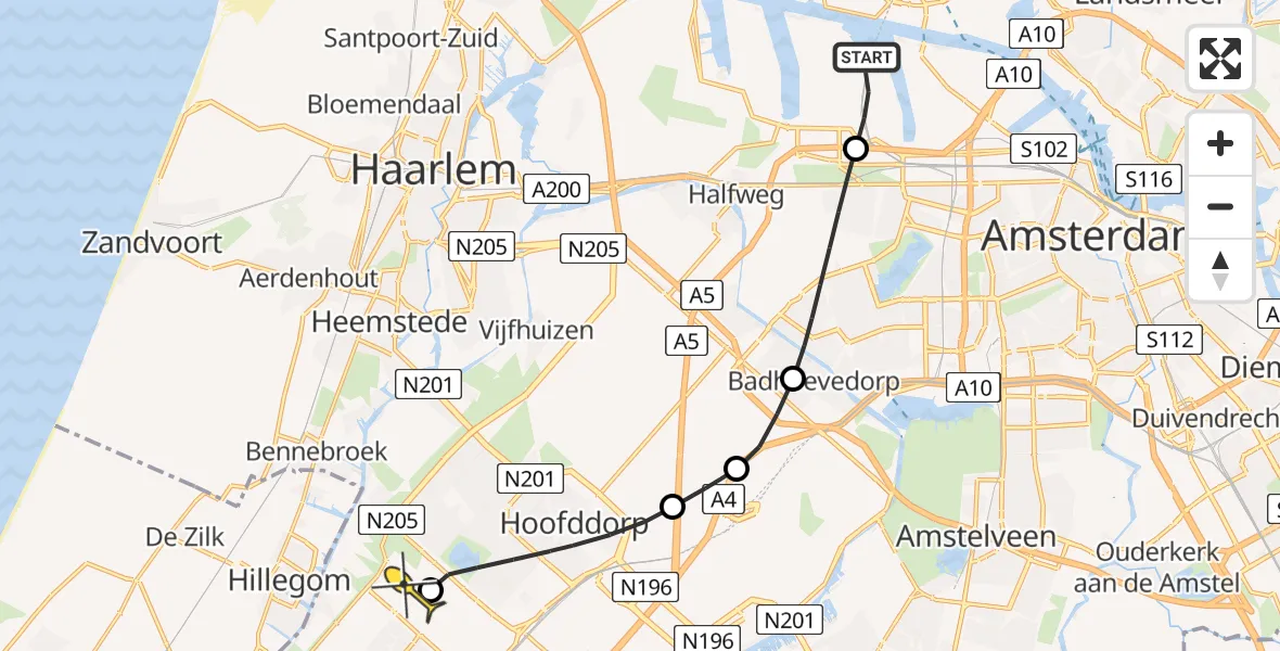 Routekaart van de vlucht: Lifeliner 1 naar Nieuw-Vennep, Hornweg