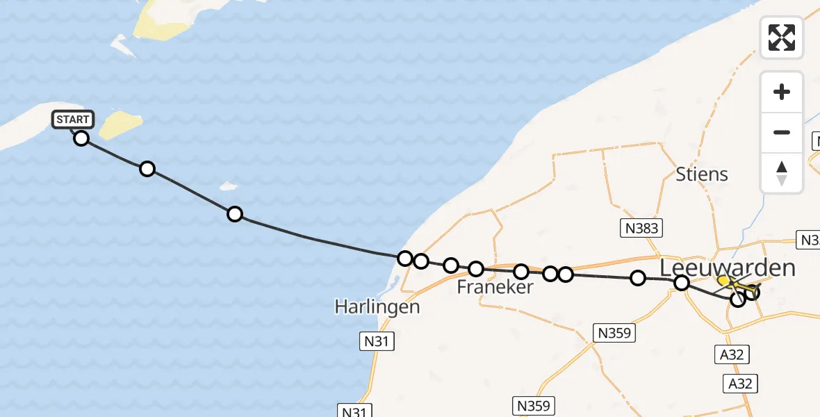 Routekaart van de vlucht: Ambulanceheli naar Leeuwarden, Vliesloot