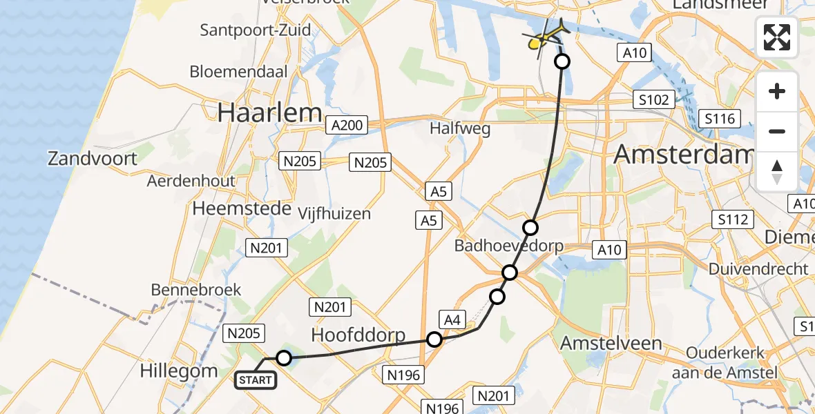 Routekaart van de vlucht: Lifeliner 1 naar Amsterdam Heliport, Laan van Zuiderhoeven