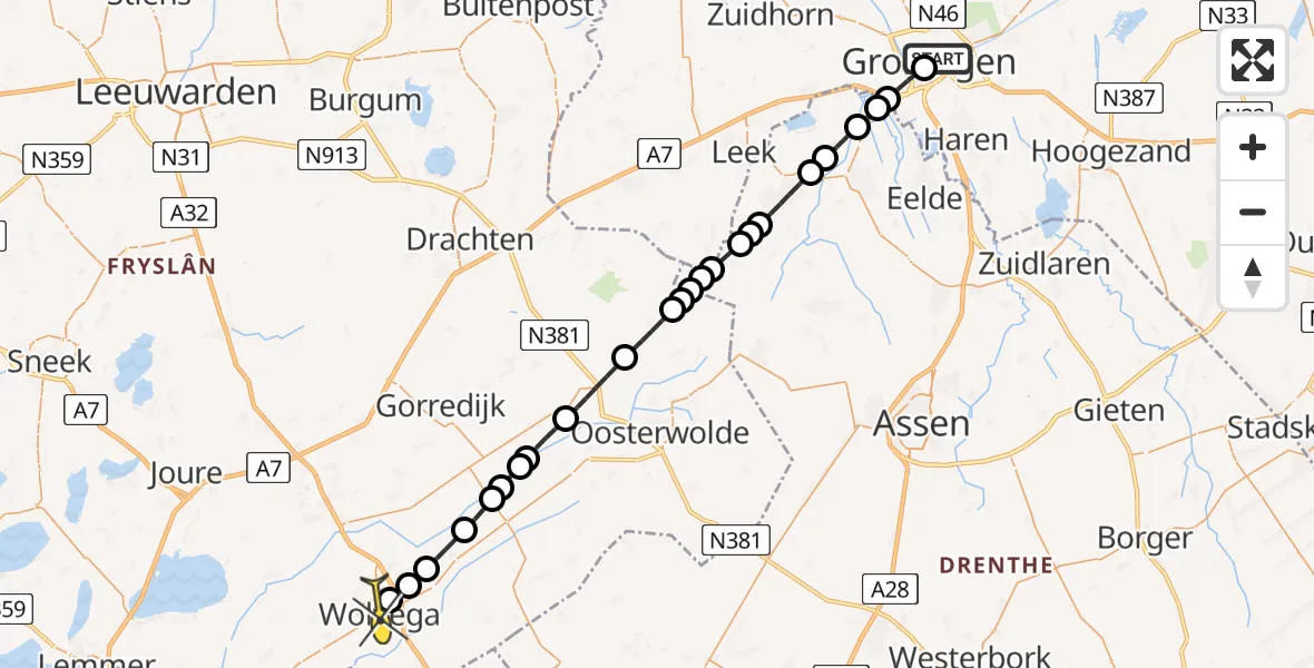 Routekaart van de vlucht: Lifeliner 4 naar Wolvega, Torenstraat