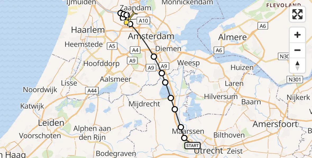 Routekaart van de vlucht: Lifeliner 1 naar Amsterdam Heliport, Proostwetering