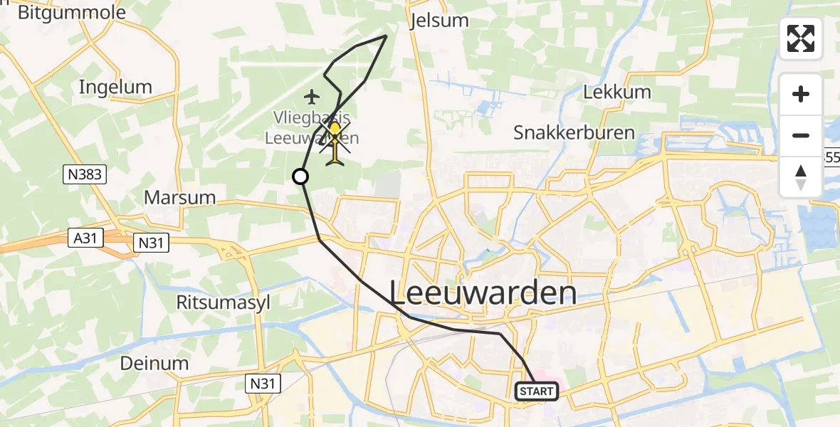 Routekaart van de vlucht: Ambulanceheli naar Vliegbasis Leeuwarden, Leeuwarderstraat