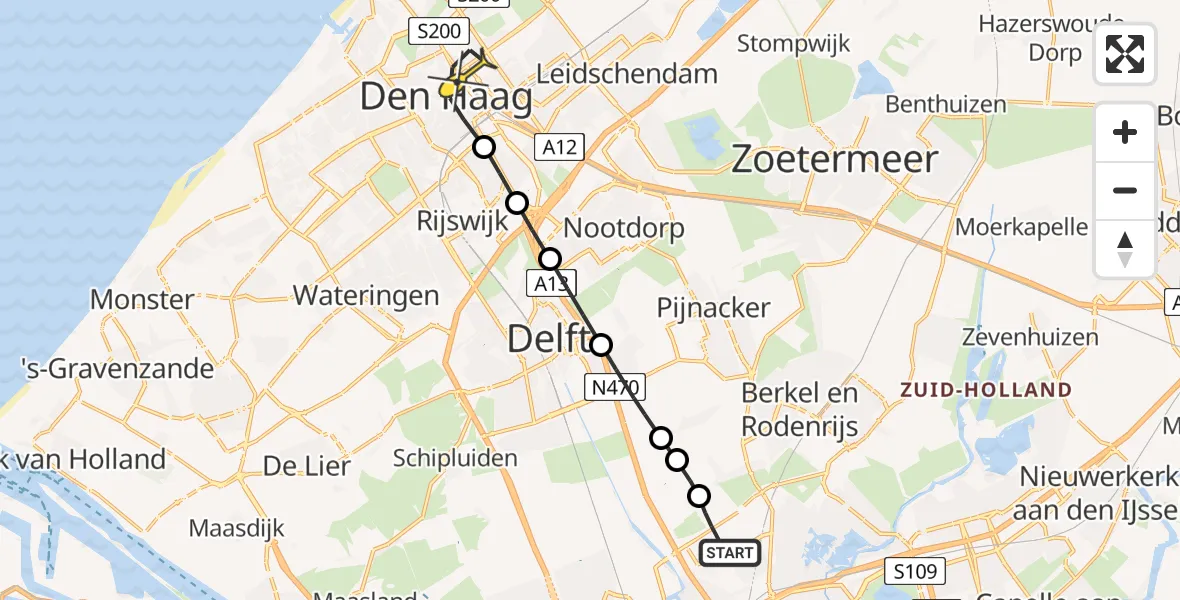 Routekaart van de vlucht: Lifeliner 2 naar Den Haag, Schieveense polder