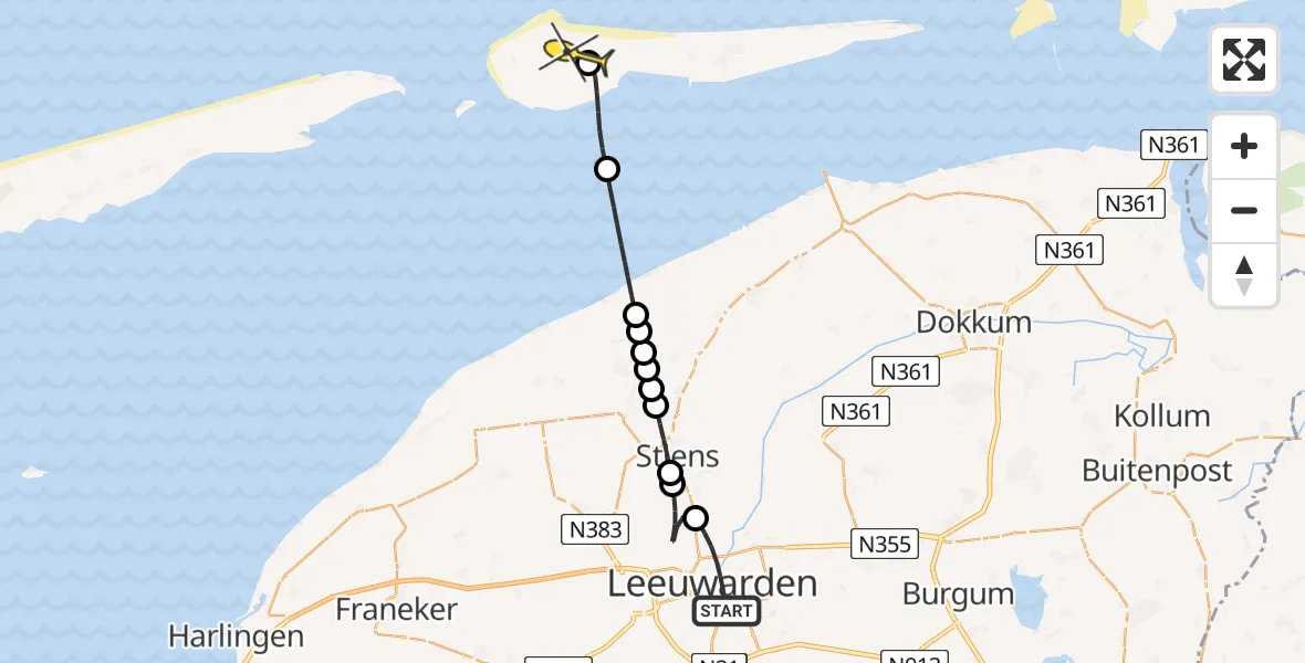 Routekaart van de vlucht: Ambulancehelikopter naar Ameland Airport Ballum, Media en Innovatie Campus
