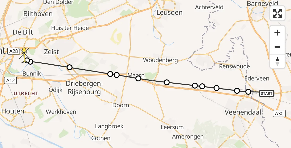 Routekaart van de vlucht: Lifeliner 1 naar Universitair Medisch Centrum Utrecht, De Klomp