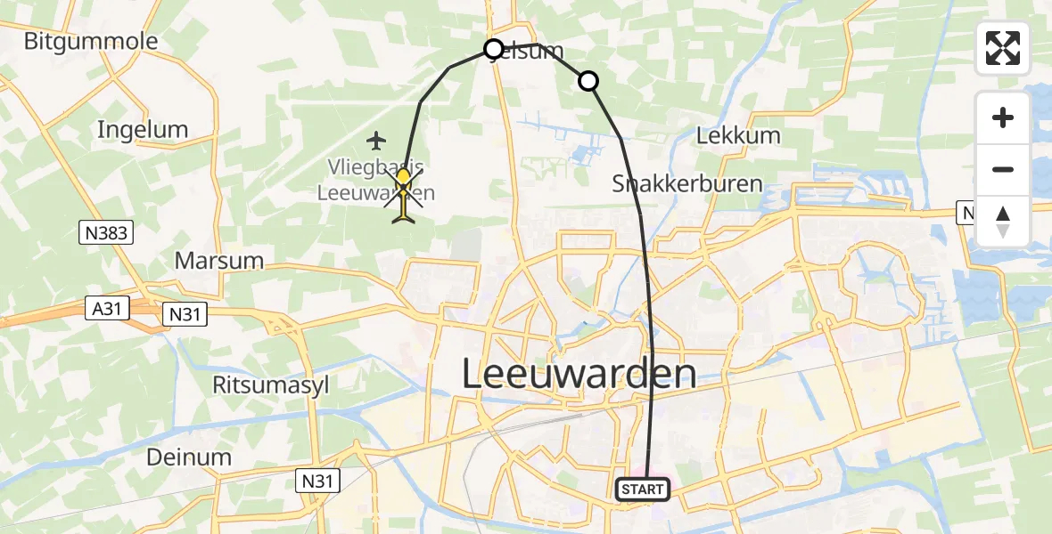 Routekaart van de vlucht: Ambulanceheli naar Vliegbasis Leeuwarden, Achter de Hoven