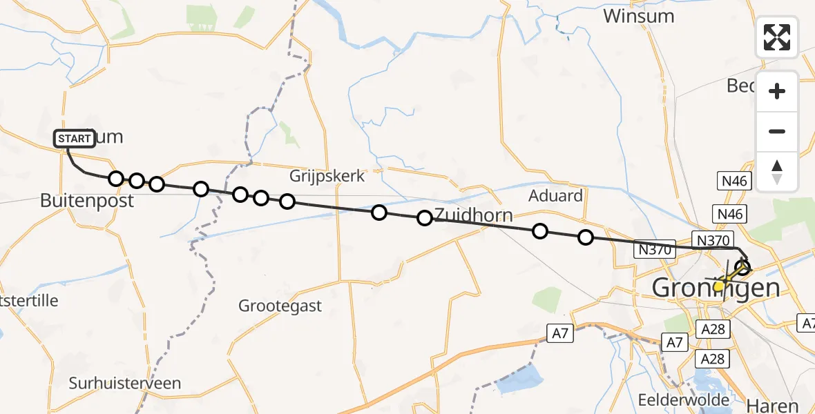 Routekaart van de vlucht: Lifeliner 4 naar Universitair Medisch Centrum Groningen, Trekweg