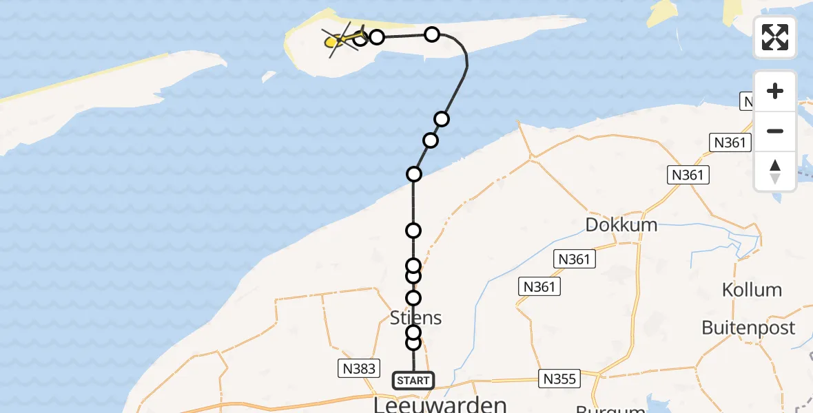 Routekaart van de vlucht: Ambulancehelikopter naar Ameland Airport Ballum, Keegsdijkje