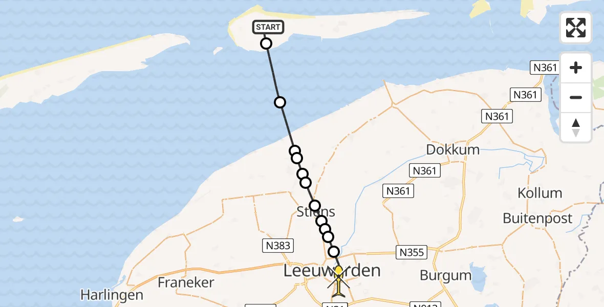 Routekaart van de vlucht: Ambulancehelikopter naar Leeuwarden, Jelmeraweg