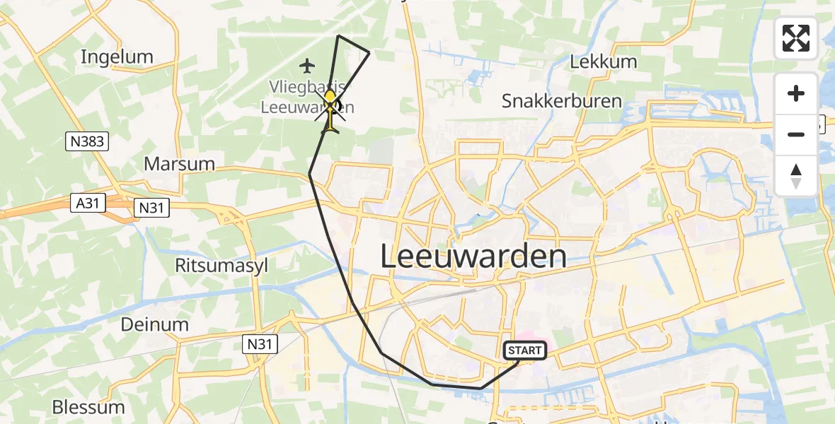 Routekaart van de vlucht: Ambulanceheli naar Vliegbasis Leeuwarden, Nijlânsdyk