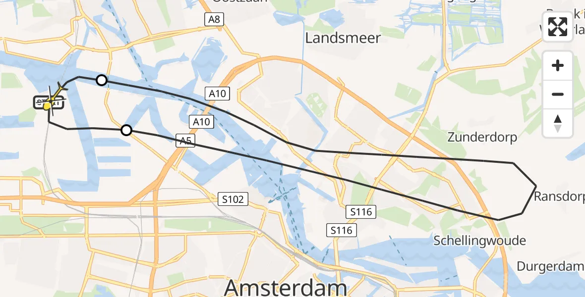 Routekaart van de vlucht: Lifeliner 1 naar Amsterdam Heliport, Maltaweg