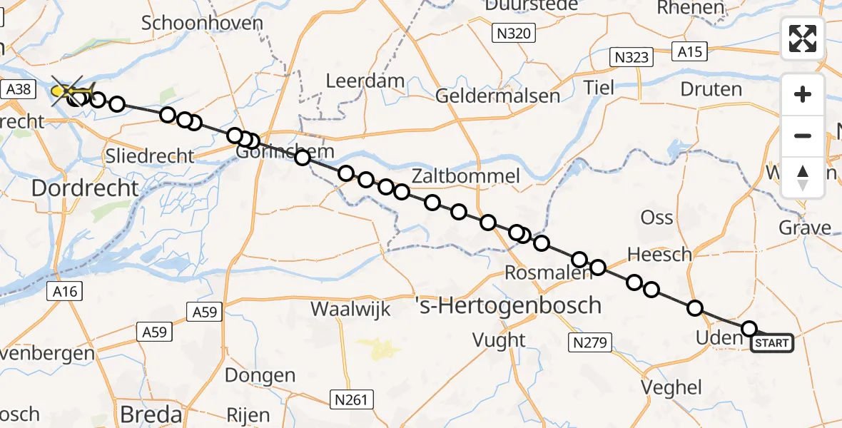 Routekaart van de vlucht: Lifeliner 3 naar Nieuw-Lekkerland, Zeelandsedijk