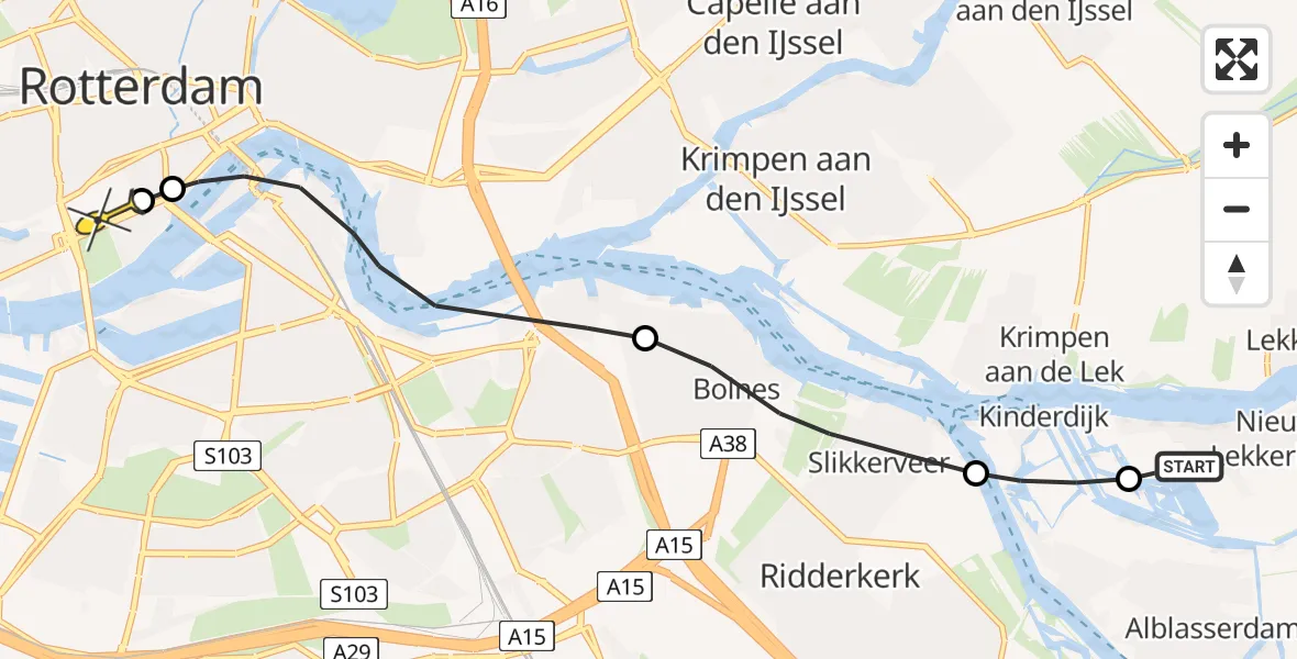 Routekaart van de vlucht: Lifeliner 3 naar Erasmus MC, Blokweerschekade