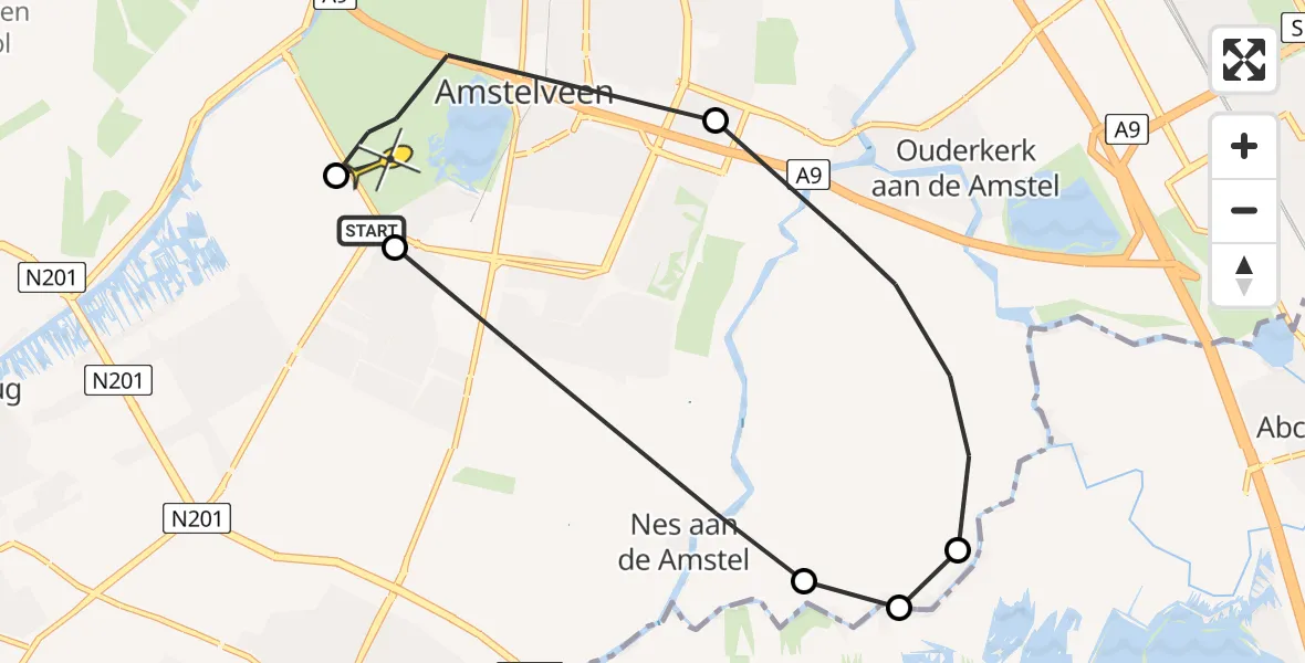Routekaart van de vlucht: Politieheli naar Amstelveen, De Hoorn