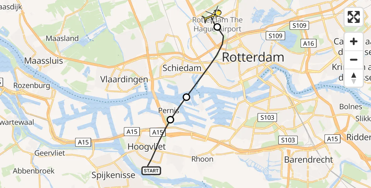 Routekaart van de vlucht: Lifeliner 2 naar Rotterdam The Hague Airport, Beschoeiing