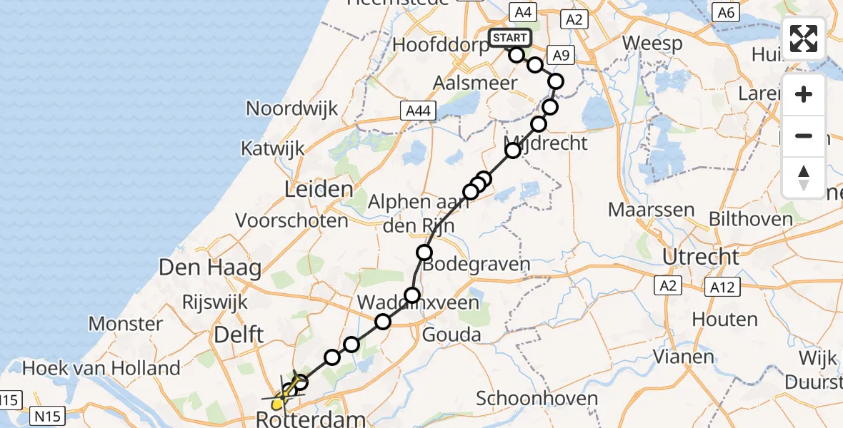 Vluchtroute Politiehelikopter van Schiphol naar Rotterdam The Hague Airport