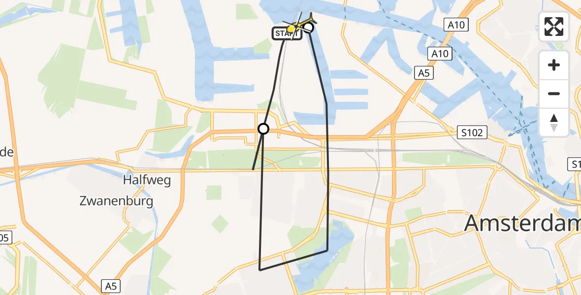 Routekaart van de vlucht: Lifeliner 1 naar Amsterdam Heliport, Nieuw-Zeelandweg
