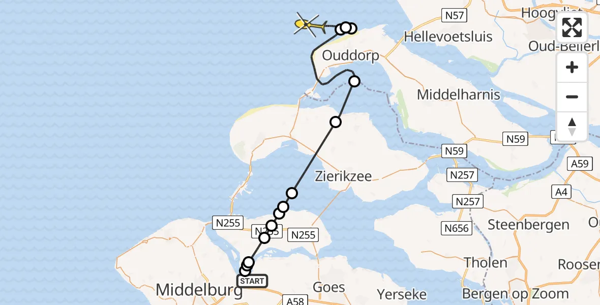 Routekaart van de vlucht: Kustwachthelikopter naar Lamsoor