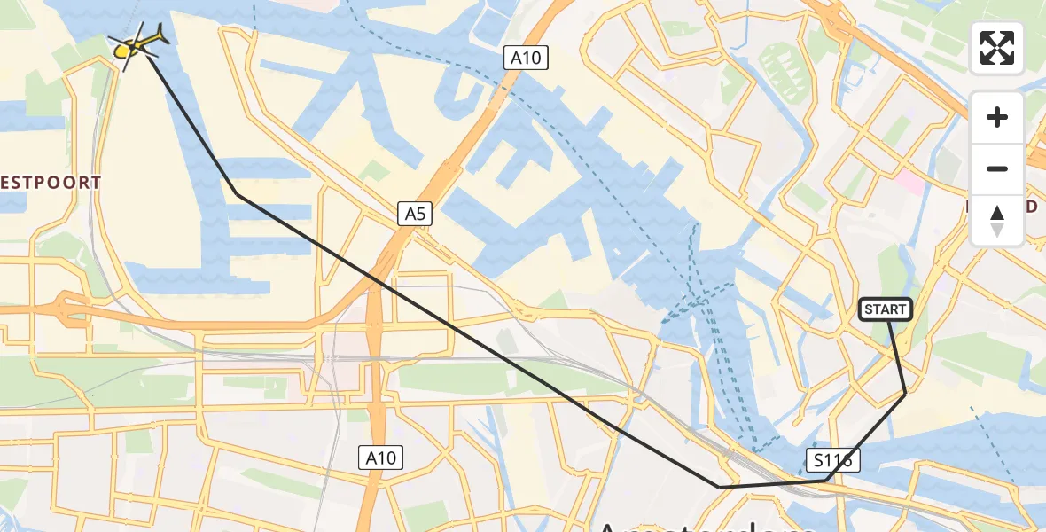 Routekaart van de vlucht: Lifeliner 1 naar Amsterdam Heliport, De Ruijterkade