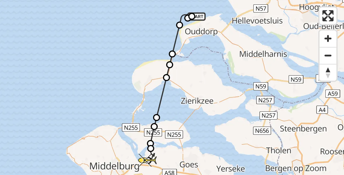Routekaart van de vlucht: Kustwachthelikopter naar Vliegveld Midden-Zeeland, Calandweg