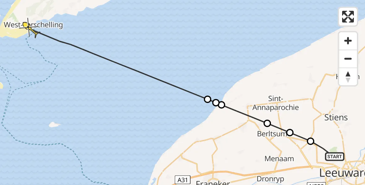 Routekaart van de vlucht: Ambulanceheli naar West-Terschelling, Keegsdijkje