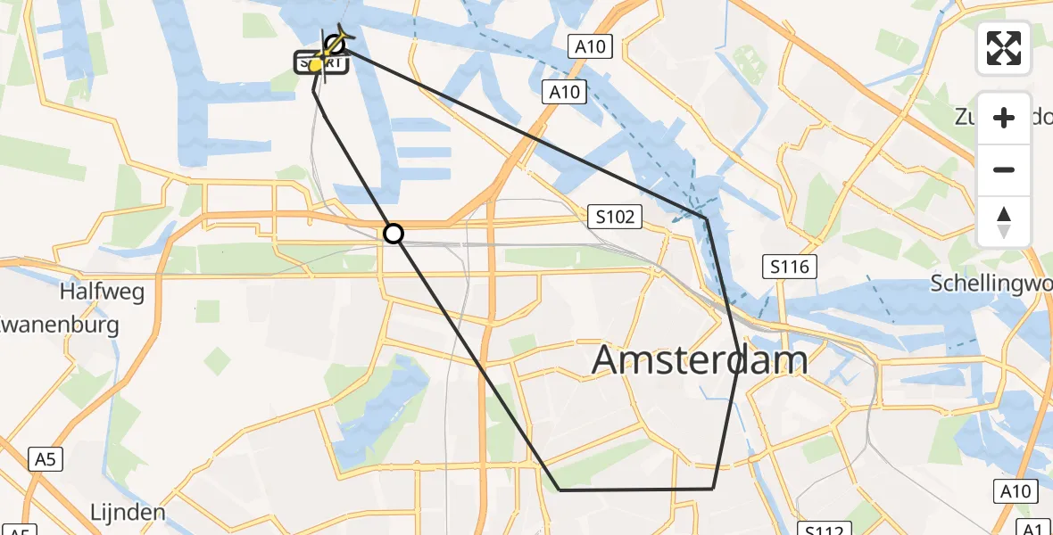 Routekaart van de vlucht: Lifeliner 1 naar Amsterdam Heliport, Hornweg