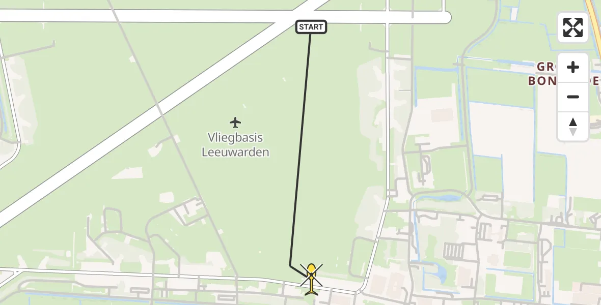 Vluchtroute Ambulancehelikopter van Vliegbasis Leeuwarden naar Vliegbasis Leeuwarden