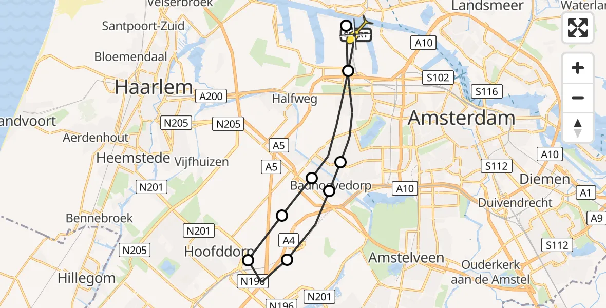 Routekaart van de vlucht: Lifeliner 1 naar Amsterdam Heliport, Nieuw-Zeelandweg