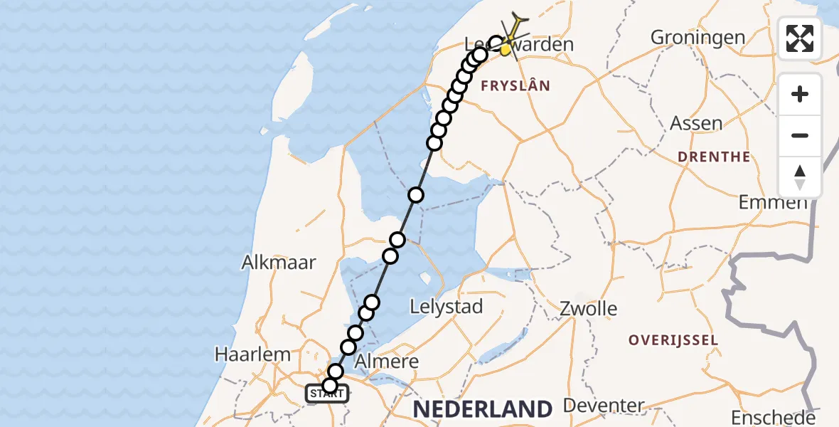 Routekaart van de vlucht: Ambulanceheli naar Vliegbasis Leeuwarden, Reigersbospad