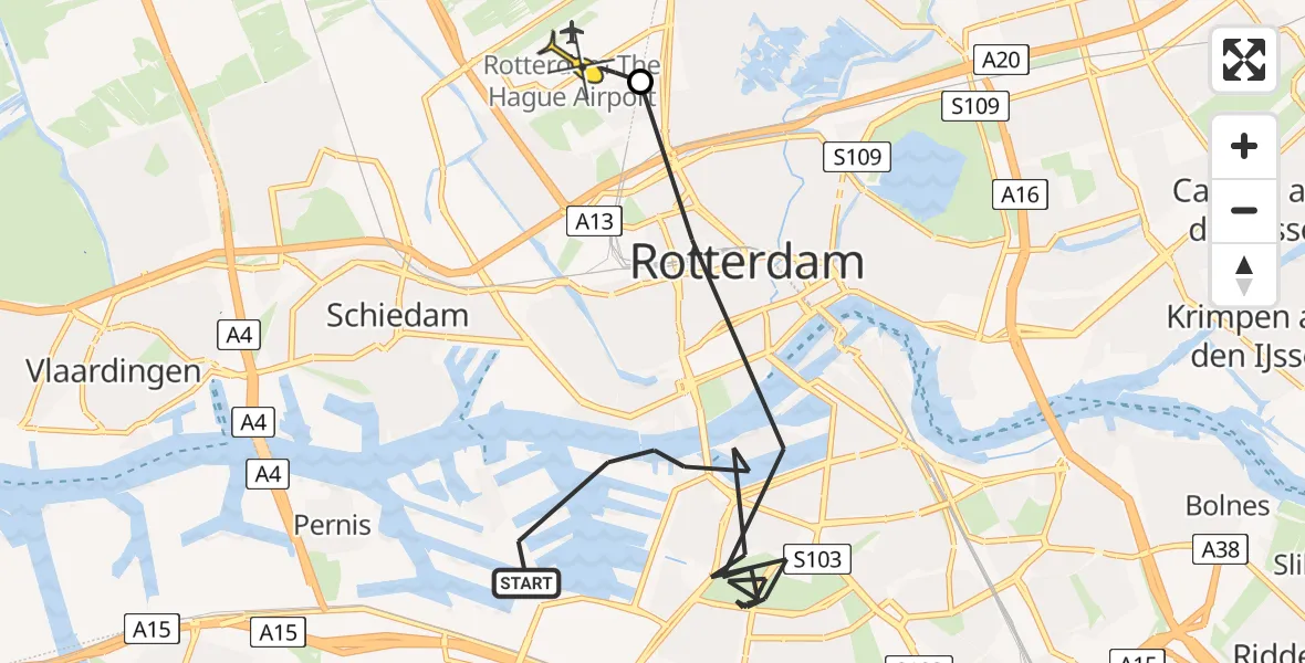 Routekaart van de vlucht: Politieheli naar Rotterdam The Hague Airport, Sluisjesdijk