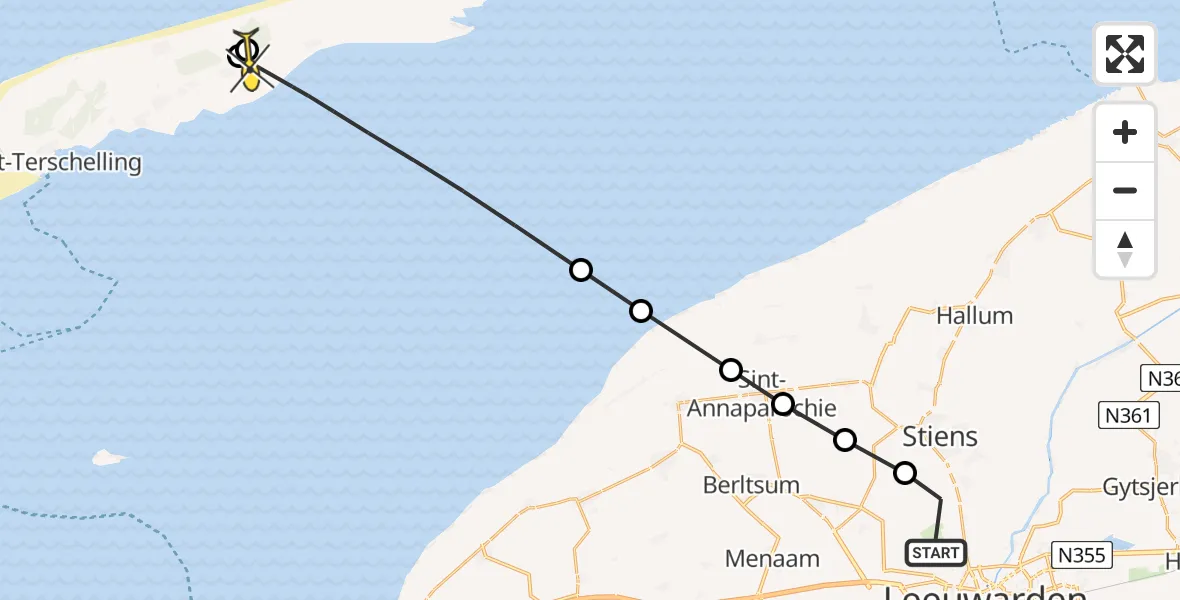 Vluchtroute Ambulancehelikopter van Vliegbasis Leeuwarden naar Hoorn