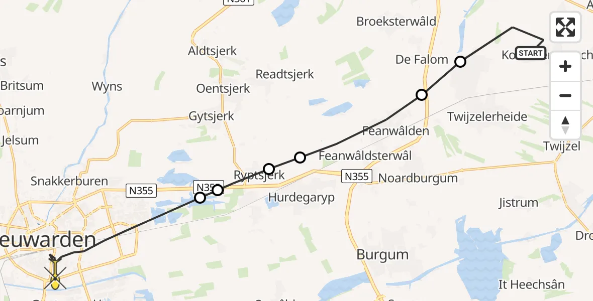 Routekaart van de vlucht: Lifeliner 4 naar Leeuwarden, Eastbroeksterwei
