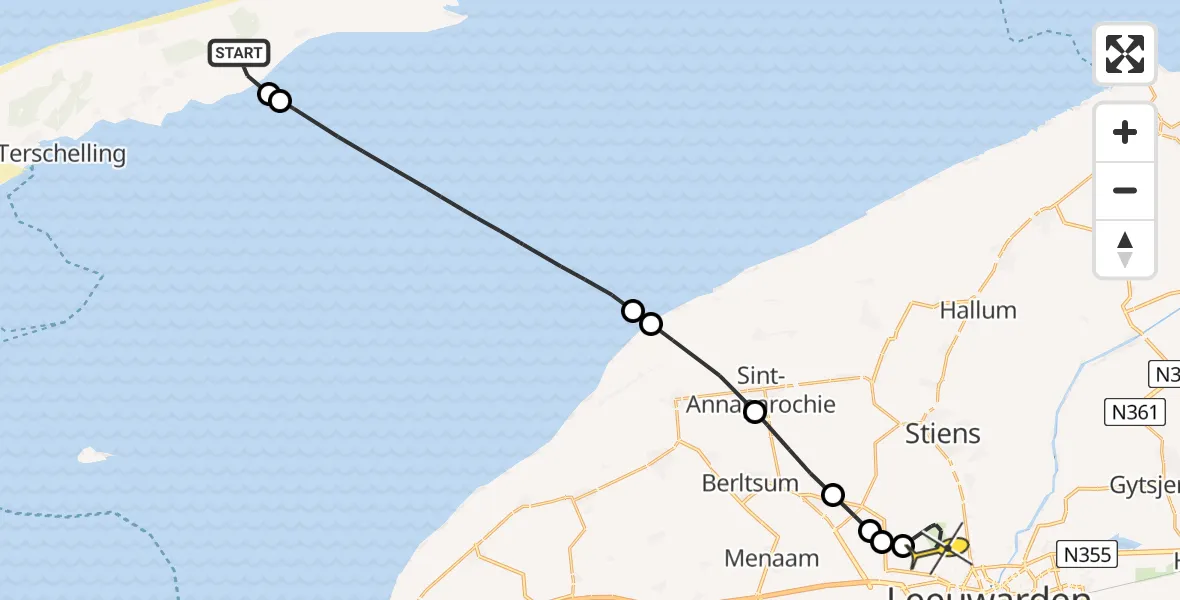 Vluchtroute Ambulancehelikopter van Hoorn naar Vliegbasis Leeuwarden
