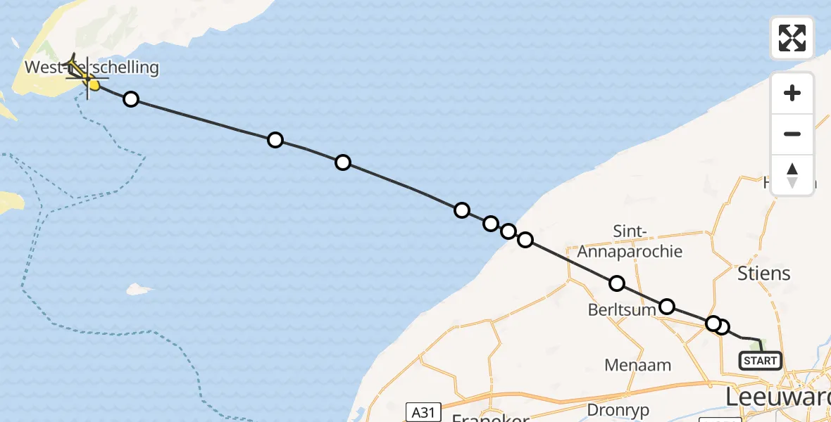 Routekaart van de vlucht: Ambulancehelikopter naar West-Terschelling, Keegsdijkje