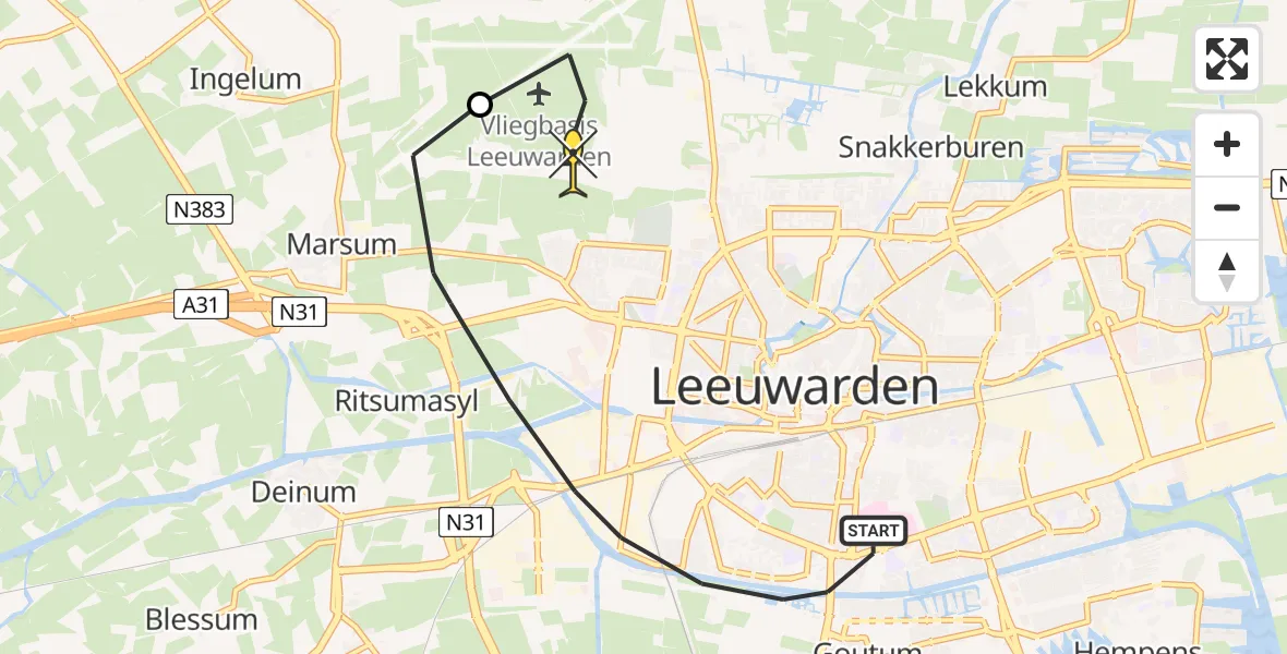 Routekaart van de vlucht: Ambulancehelikopter naar Vliegbasis Leeuwarden, Aldlânsdyk