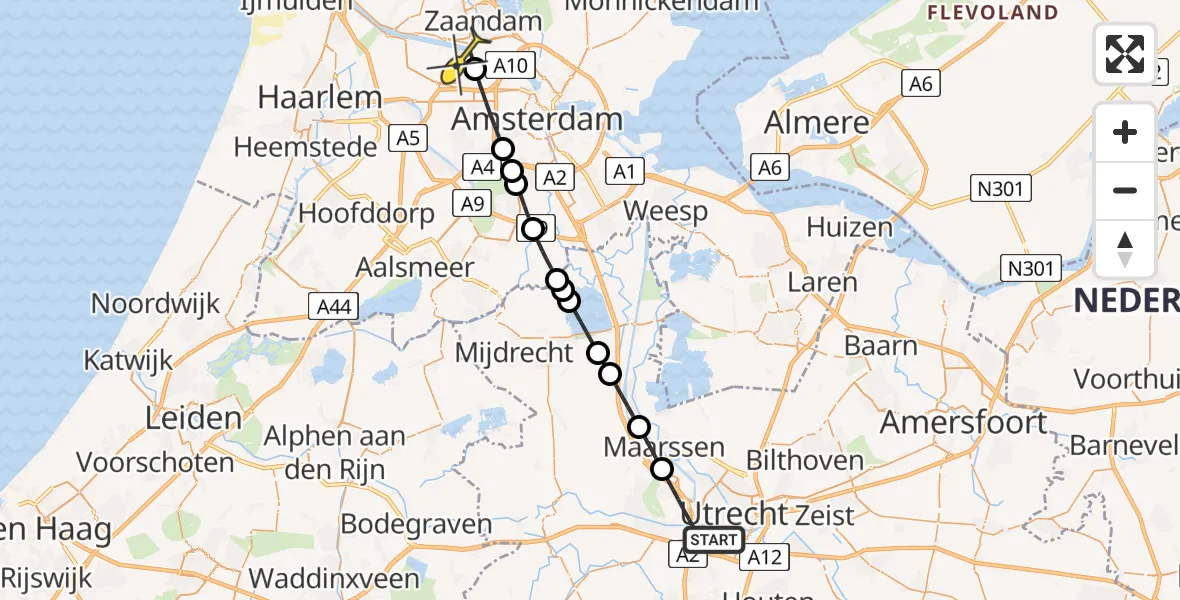 Routekaart van de vlucht: Lifeliner 1 naar Amsterdam Heliport, Alexander de Grotelaan