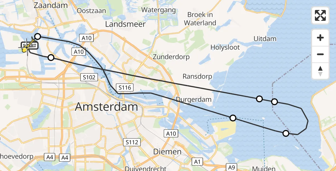 Routekaart van de vlucht: Lifeliner 1 naar Amsterdam Heliport, Kompasweg