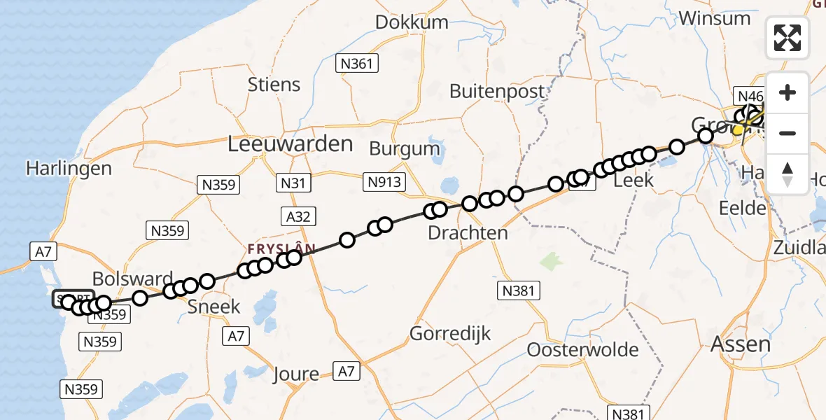 Routekaart van de vlucht: Lifeliner 4 naar Universitair Medisch Centrum Groningen, Kooireed