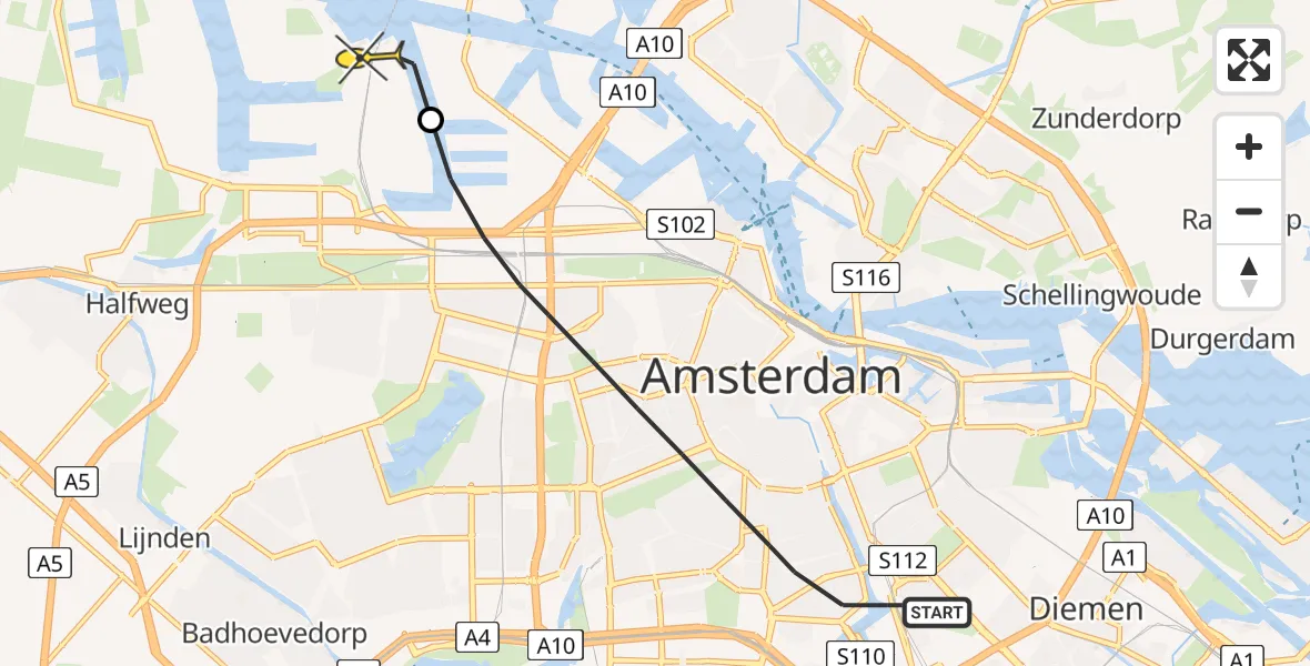 Routekaart van de vlucht: Lifeliner 1 naar Amsterdam Heliport, Vechtstraat