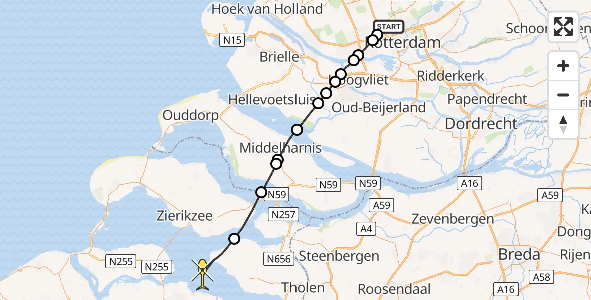 Routekaart van de vlucht: Lifeliner 2 naar Stavenisse, Wouwerlaan