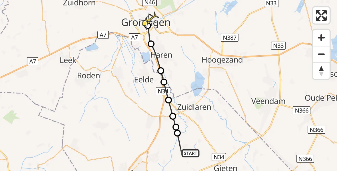 Routekaart van de vlucht: Lifeliner 4 naar Universitair Medisch Centrum Groningen, Gasterensche Diep