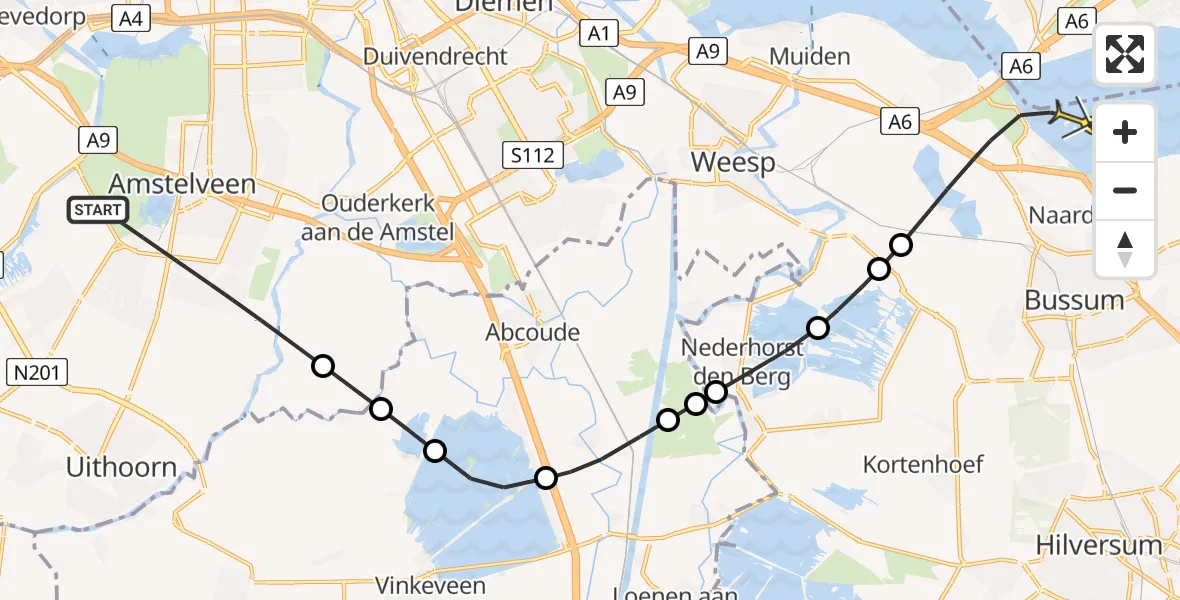 Routekaart van de vlucht: Politiehelikopter naar Naarden, Sint Urbanusstraat
