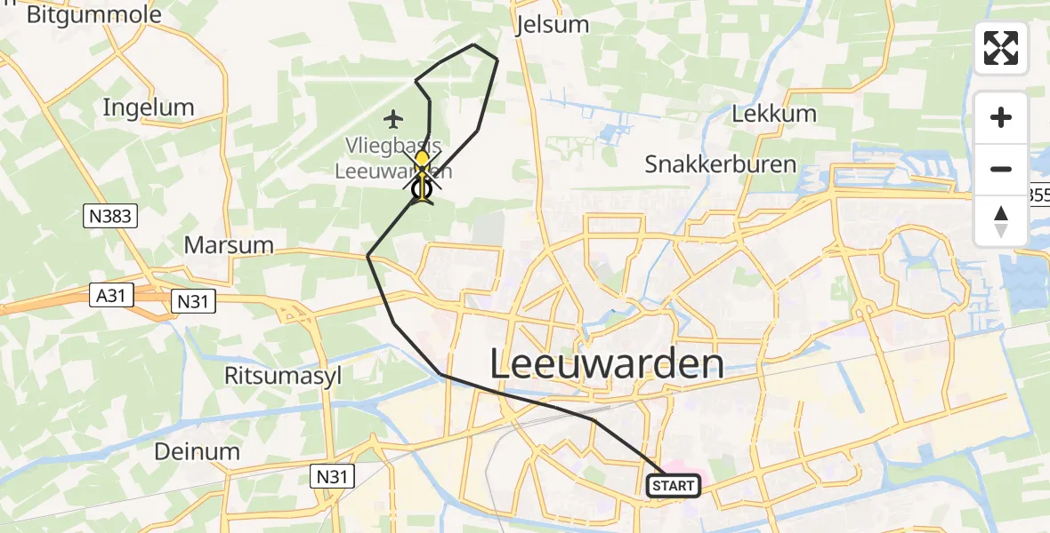 Routekaart van de vlucht: Ambulancehelikopter naar Vliegbasis Leeuwarden, d'Hondecoeterstraat