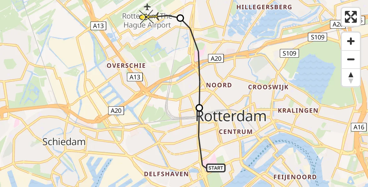 Routekaart van de vlucht: Lifeliner 2 naar Rotterdam The Hague Airport, 's-Gravendijkwal