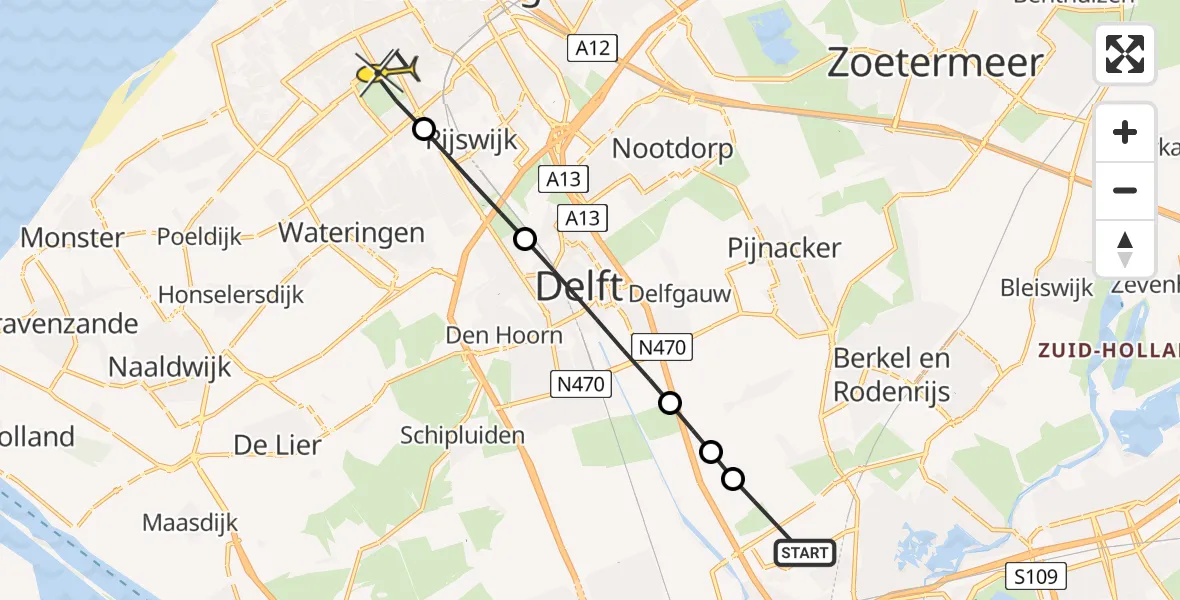 Routekaart van de vlucht: Lifeliner 2 naar Den Haag, Schieveense polder