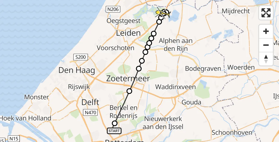 Routekaart van de vlucht: Lifeliner 2 naar Nieuwe Wetering, A16 Rotterdam