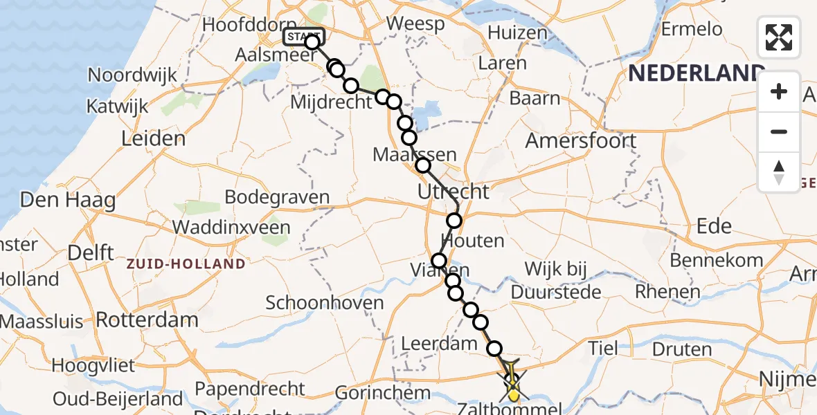 Routekaart van de vlucht: Politieheli naar Waardenburg, Dignahoeve