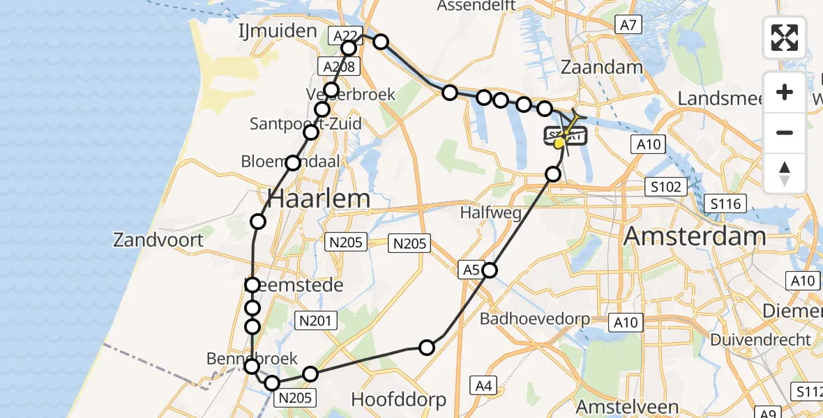 Routekaart van de vlucht: Lifeliner 1 naar Amsterdam Heliport, Nieuw-Zeelandweg
